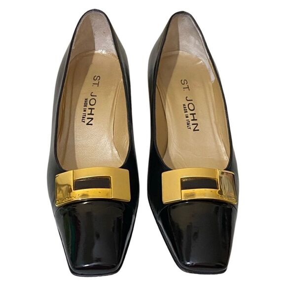 St. John Black Leather Patent Square Toe Gold Embellishment 1.5” Block Heels - Picture 3 of 16